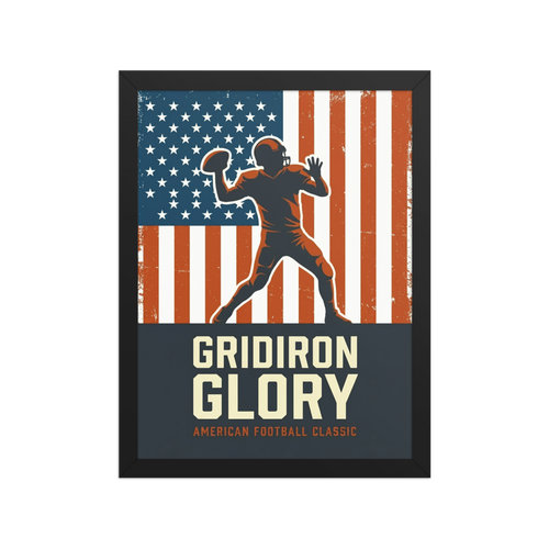 'Gridiron Glory' — a Pop art,Digital art print. A retro sports poster with a silhouette of an American football player throwing a ball against a distressed American flag, ideal for a Man Cave.