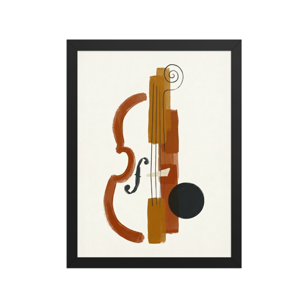 'Symphony in Fragments' — a Minimalism print. A minimalist abstract painting deconstructing a violin or cello using rust, orange, and black brushstrokes on a white background, perfect for a Music Room or Living Room.