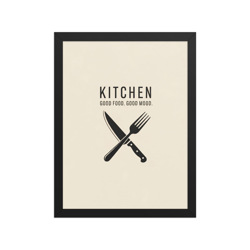 'Culinary Moods' — a Minimalism,Digital art print. A minimalist kitchen poster with a crossed knife and fork and the quote 'Good Food. Good Mood.', perfect for a Dining Room.