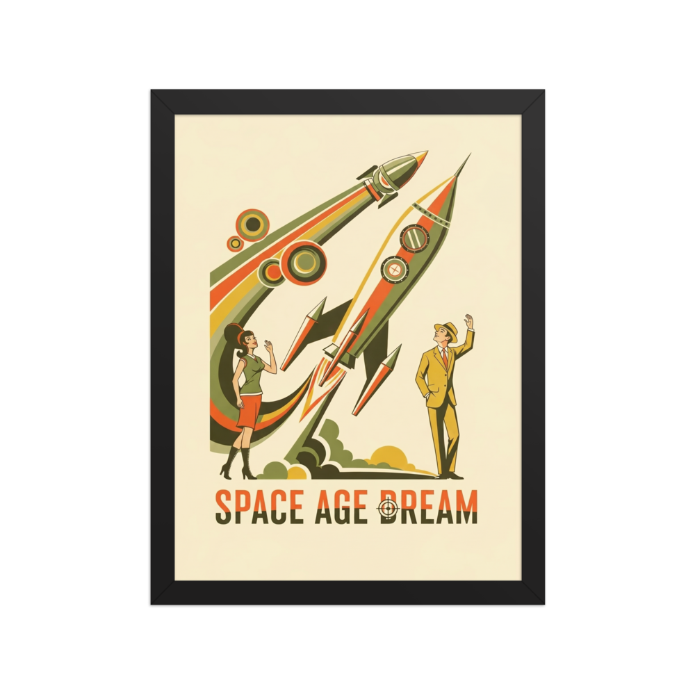 'Space Age Dream' — a Retrofuturism,Pop art print. A retro-futuristic illustration of a man and woman watching rockets launch into space, an inspiring focal point for an Office.