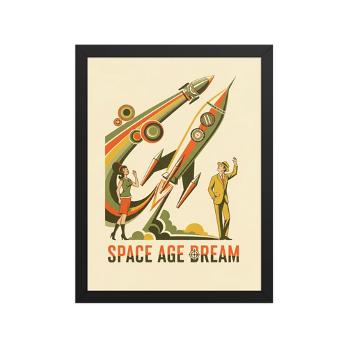 'Space Age Dream' — a Retrofuturism,Pop art print. A retro-futuristic illustration of a man and woman watching rockets launch into space, an inspiring focal point for an Office.