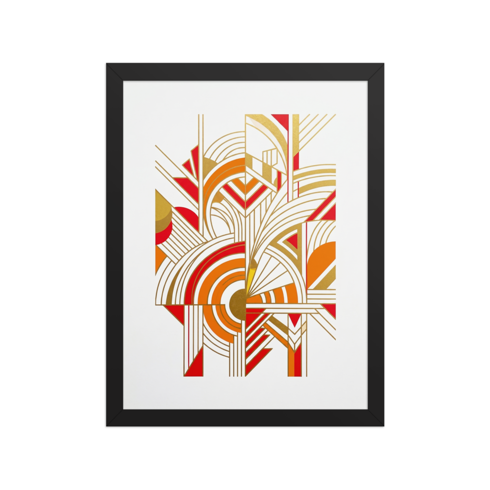 'Radiant Deco Abstract' — a Art Deco print. A vibrant abstract Art Deco composition featuring bold geometric shapes and fan motifs in red, orange, and gold against a white background.