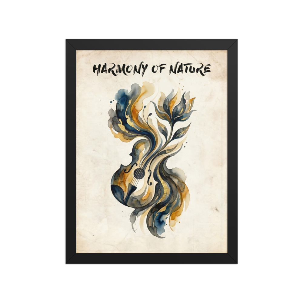 'Harmony of Nature' — a Fine Art print. A watercolor painting of a guitar blending into organic floral shapes in navy and gold colors with the text 'Harmony of Nature', perfect for a Living Room.
