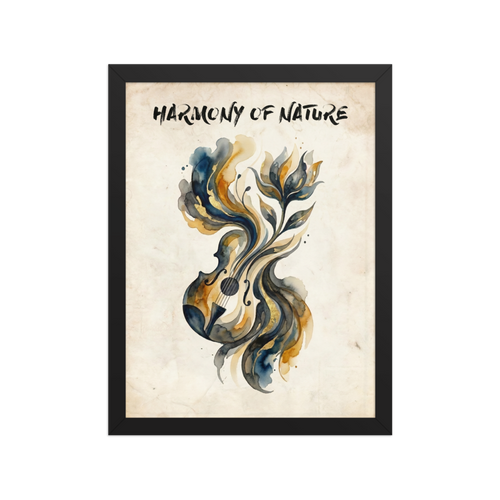 'Harmony of Nature' — a Fine Art print. A watercolor painting of a guitar blending into organic floral shapes in navy and gold colors with the text 'Harmony of Nature', perfect for a Living Room.