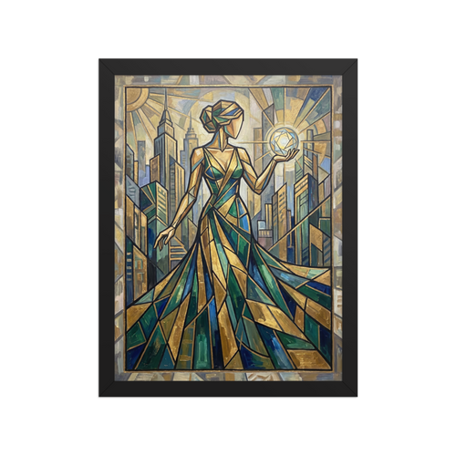'City of Light' — a Art Deco print. An Art Deco painting of a stylized woman holding a glowing orb before a city skyline, ideal for an elegant living room.
