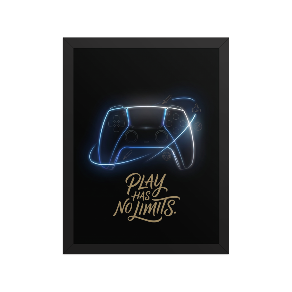 'No Limits' — a Digital art,Pop art print. A glowing neon gaming controller surrounded by floating icons and the text 'Play Has No Limits' against a dark background, perfect for a Game Room.