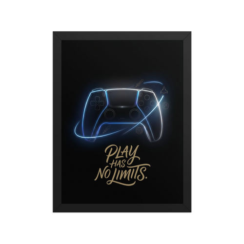 'No Limits' — a Digital art,Pop art print. A glowing neon gaming controller surrounded by floating icons and the text 'Play Has No Limits' against a dark background, perfect for a Game Room.
