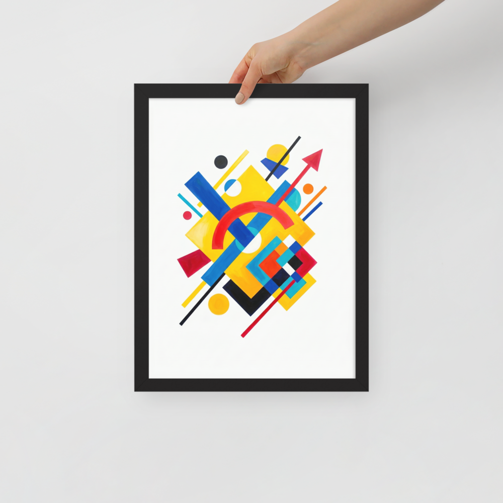 'Directional Energy' — a Suprematism print. A vivid abstract painting featuring overlapping geometric shapes like rectangles, circles, and an arrow in primary colors, a bold addition to a Living Room.