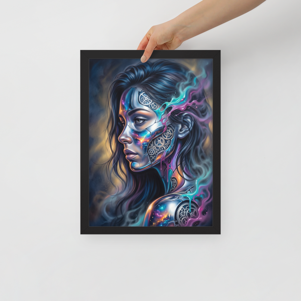 'Cosmic Clockwork' — a Surrealism print. A surreal cyberpunk portrait of a woman with gears and galaxies inside her face for a game room, framed by glowing teal and pink smoke.