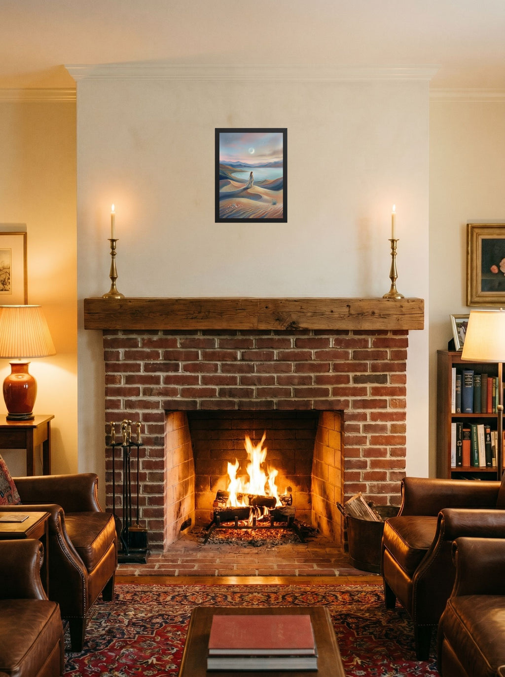 A 12x16 inch black framed Magic realism print of 'Desert Moonrise' displayed above a fireplace.
