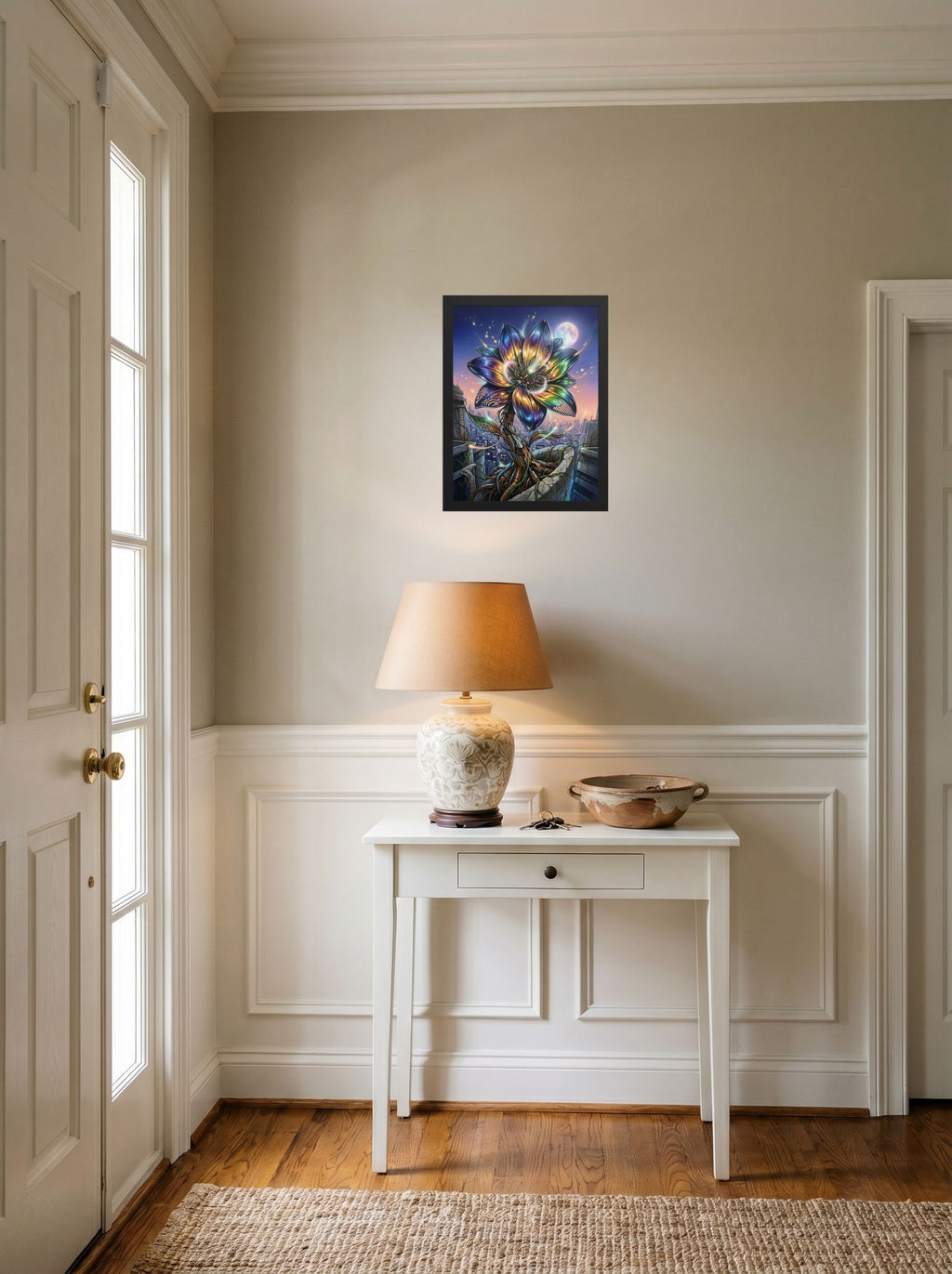 A 12x16 inch black framed Digital art print of 'Cybernetic Bloom' hanging in an entryway near a console.