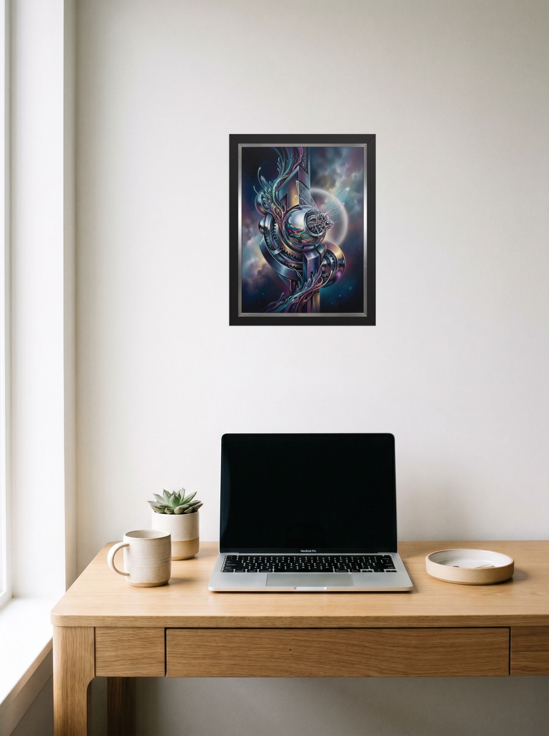 A 12x16 inch black framed Surrealism print of 'The Clockwork Aviator' hanging above a worktable with a laptop.