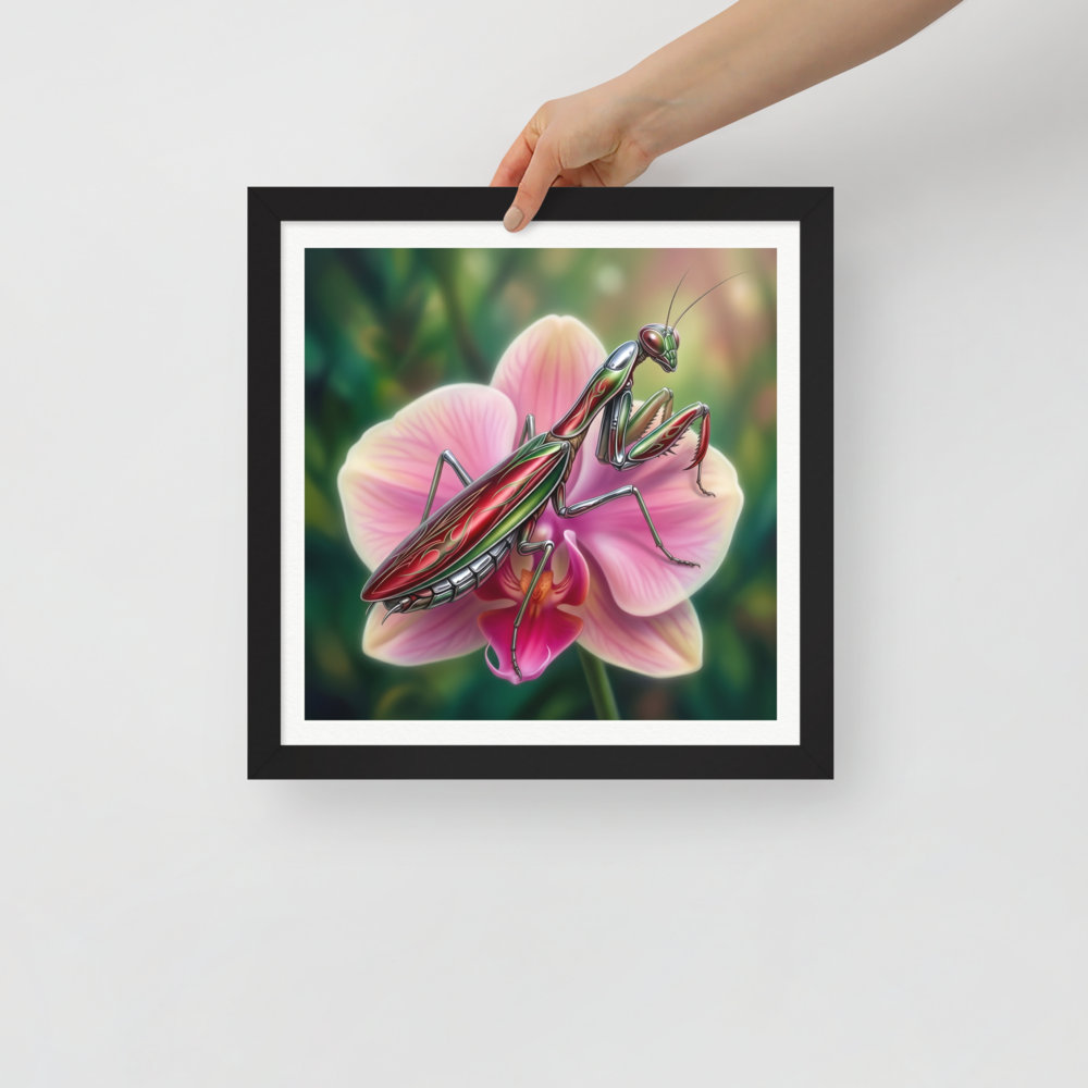 'Chrome Mantis' — a Surrealism print. A vibrant illustration of a metallic praying mantis painted like a hot rod in cherry red and chrome sitting on a pink orchid, perfect for a studio.