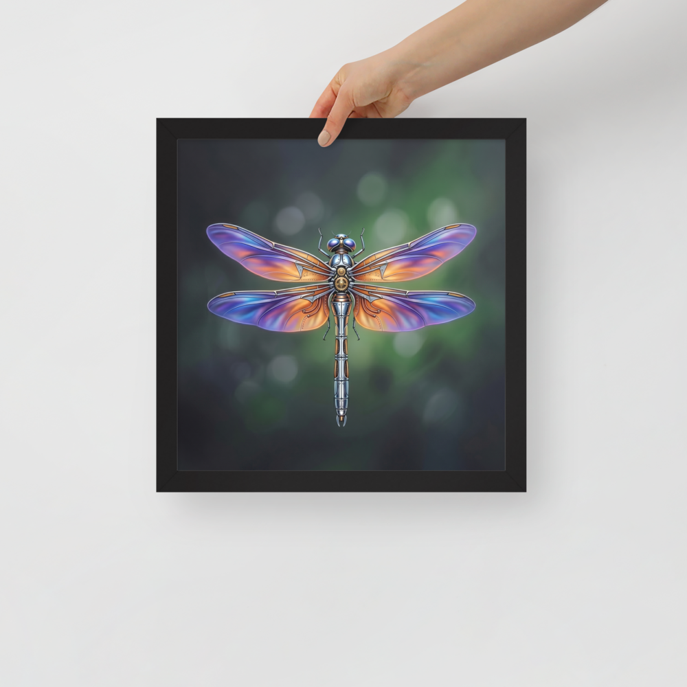'Gears of the Dragonfly' — a Surrealism print. A highly detailed mechanical dragonfly with glowing purple and orange wings and brass gears on its back, set against a dark green background, perfect for a Living Room.