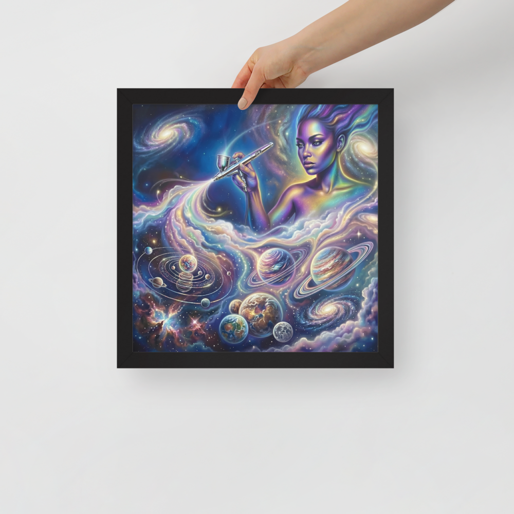 'The Cosmic Painter' — a Space art print. A glowing, ethereal woman painting planets and galaxies into a vibrant cosmic sky using an airbrush, a stunning focal point for a Bedroom.