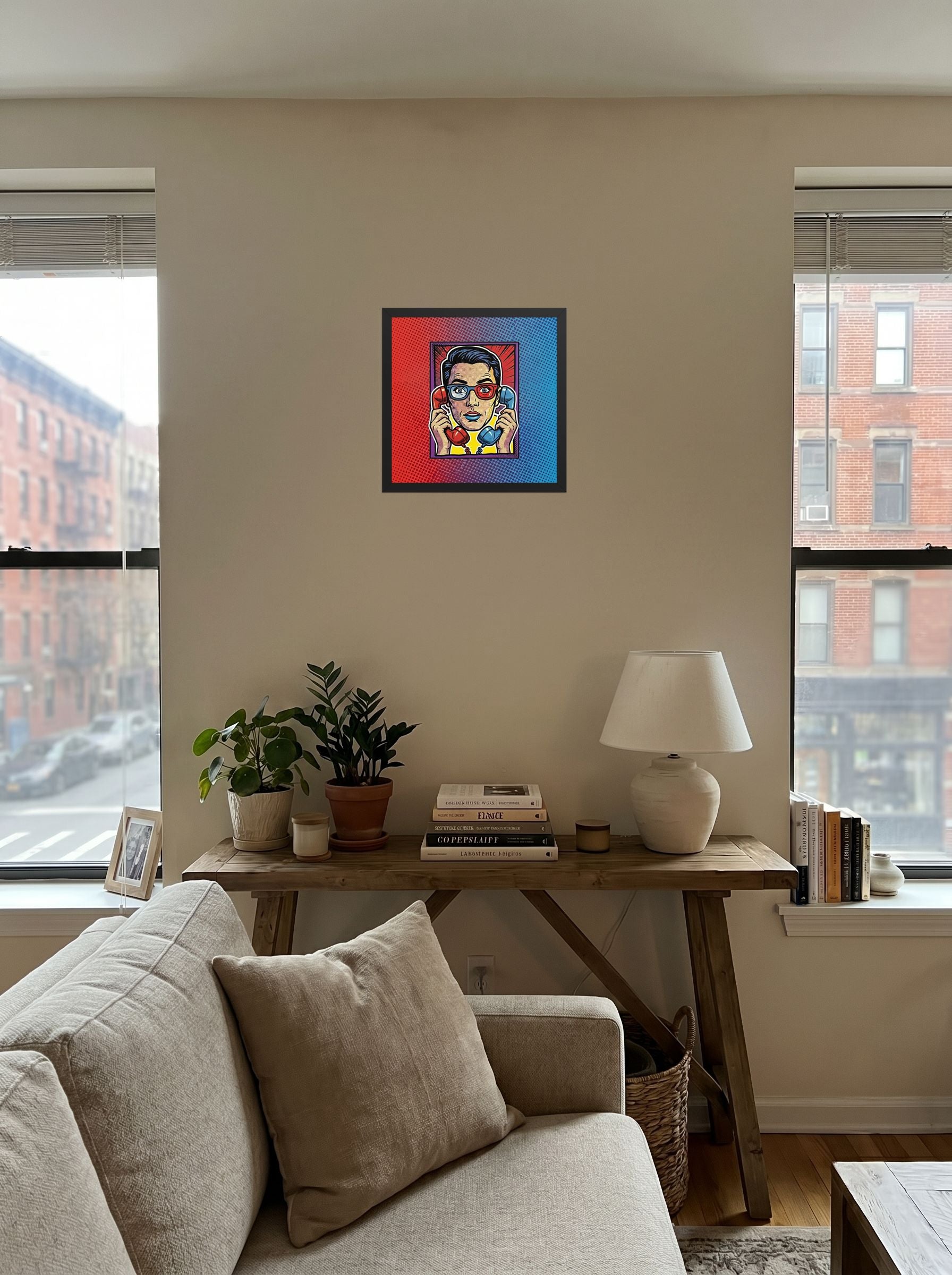 A 14x14 inch black framed Pop art print of 'Bipartisan Static' displayed in the center of a living room.