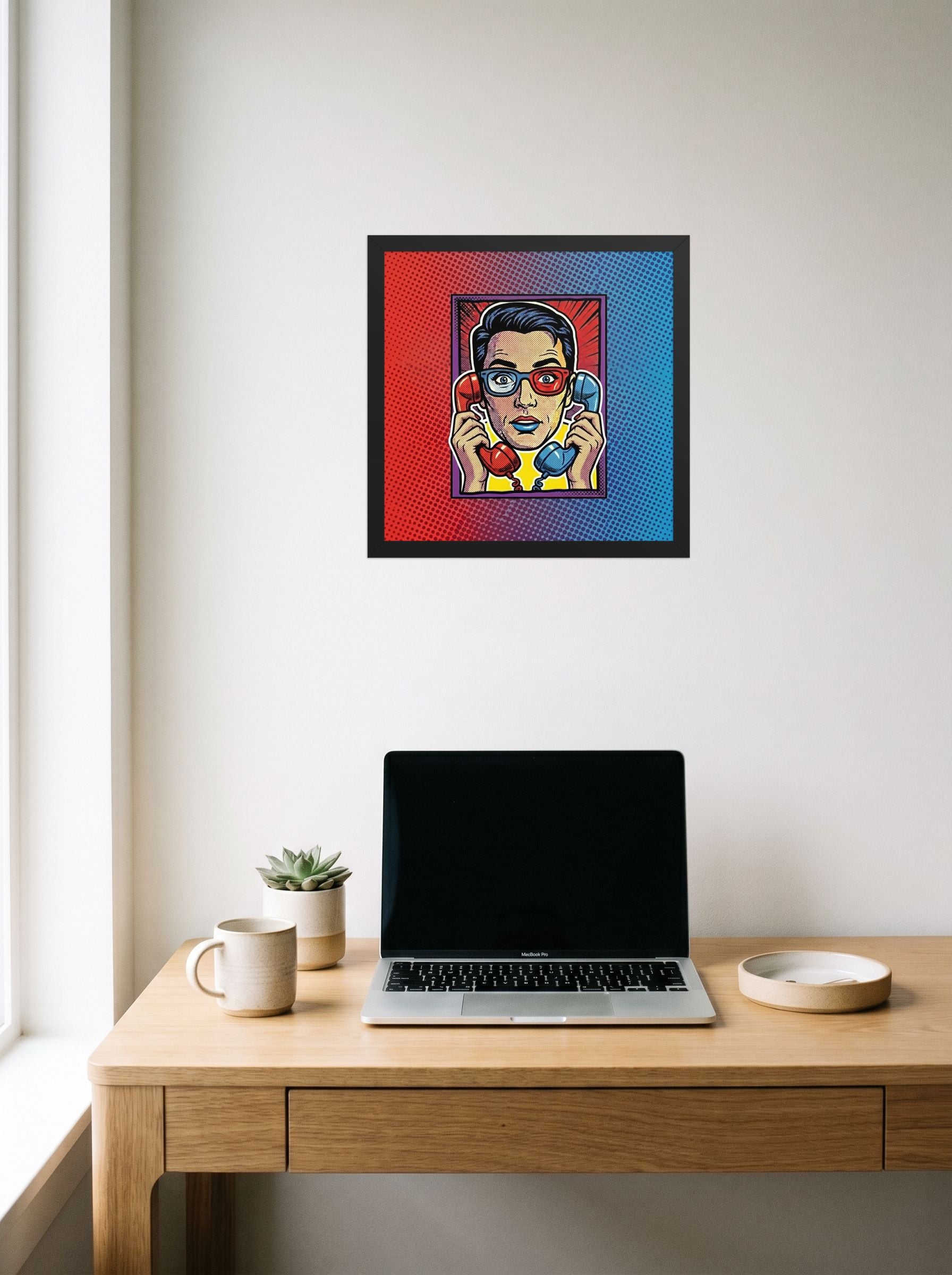 A 14x14 inch black framed Pop art print of 'Bipartisan Static' hanging above a worktable with a laptop.