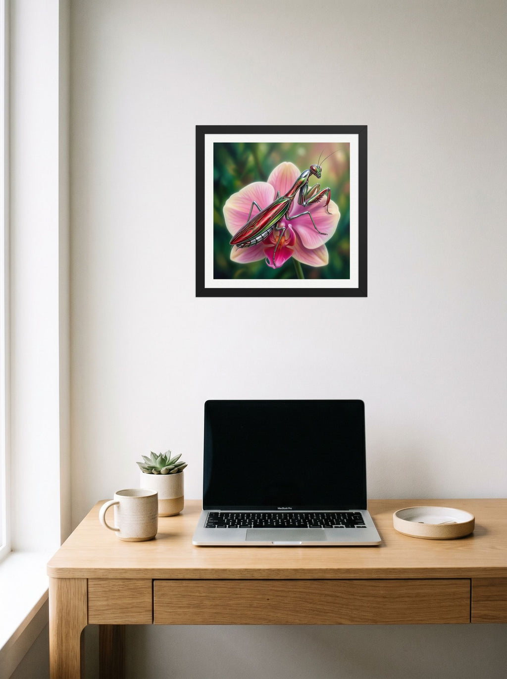 A 14x14 inch black framed Surrealism print of 'Chrome Mantis' hanging above a worktable with a laptop.