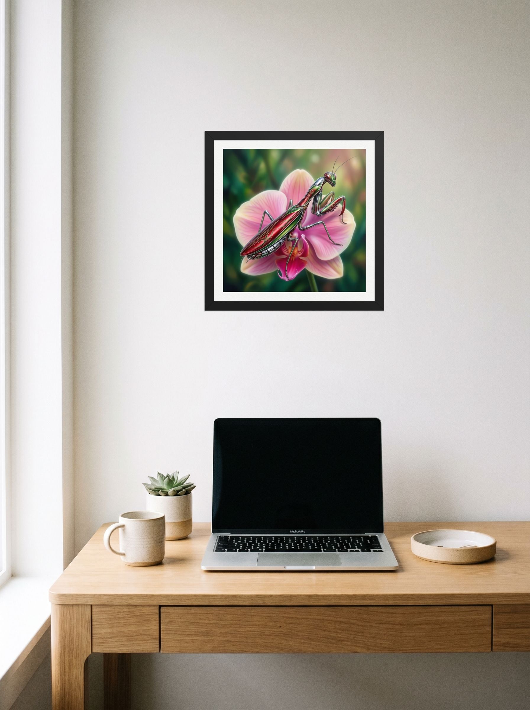 A 14x14 inch black framed Surrealism print of 'Chrome Mantis' hanging above a worktable with a laptop.