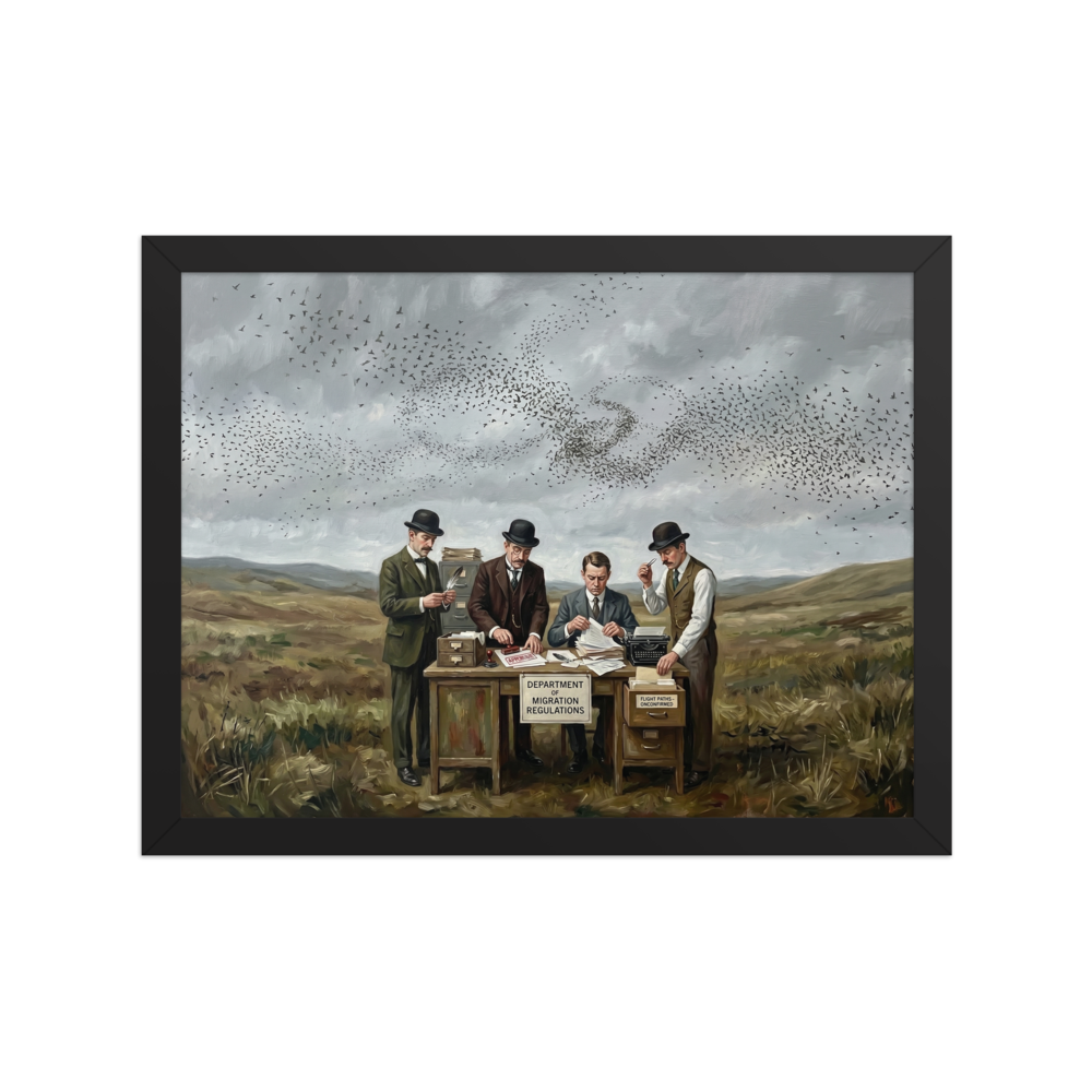 A surreal painting of four men in bowler hats working at a desk labeled Department of Migration Regulations in a field, surrounded by paperwork, while a massive flock of birds swarms in the sky above.
