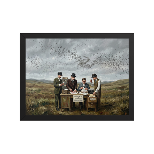 A surreal painting of four men in bowler hats working at a desk labeled Department of Migration Regulations in a field, surrounded by paperwork, while a massive flock of birds swarms in the sky above.