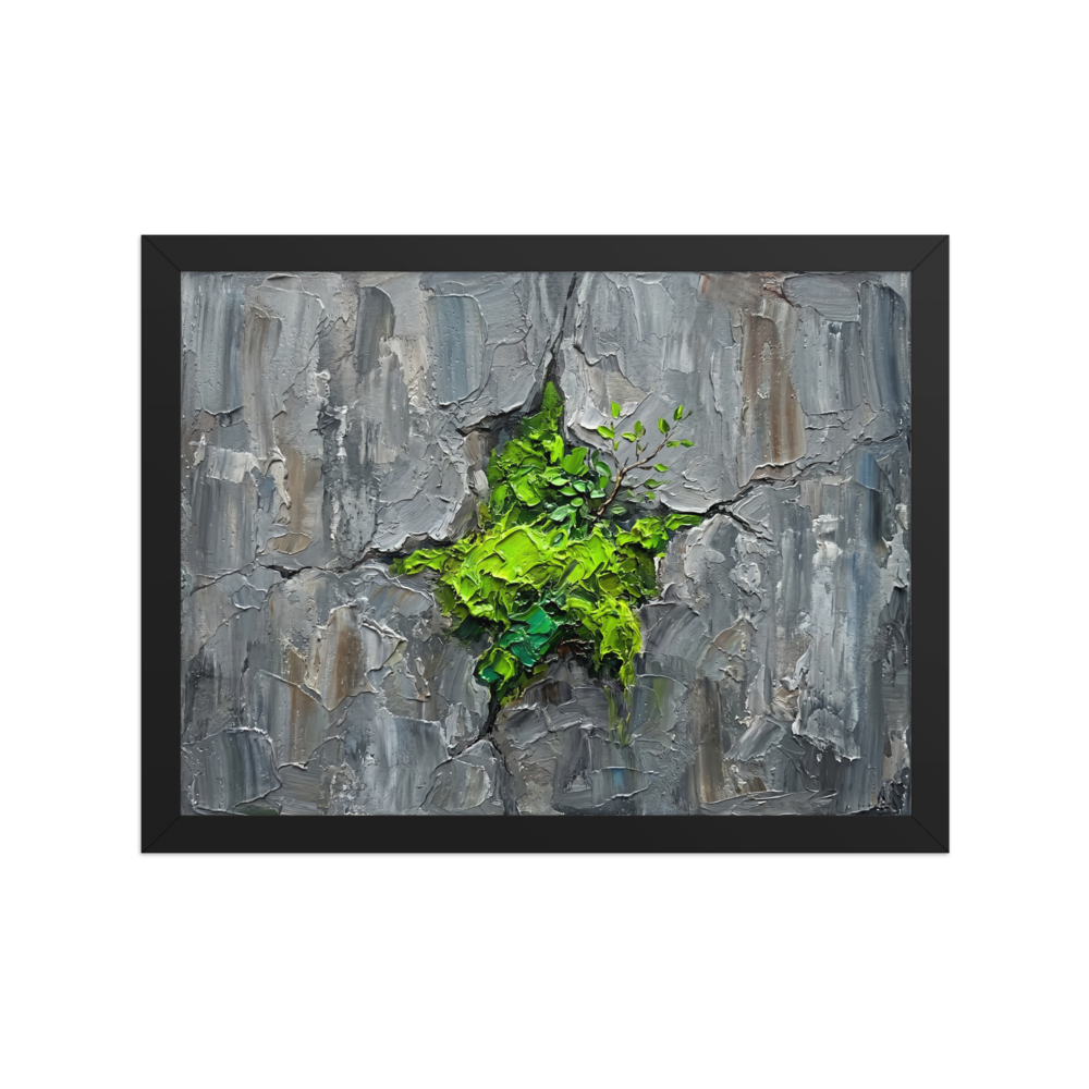 'Life Finds a Way' — a Realism print. An impasto painting of bright green leaves growing from cracked gray rock, perfect for bringing life to a Bathroom.