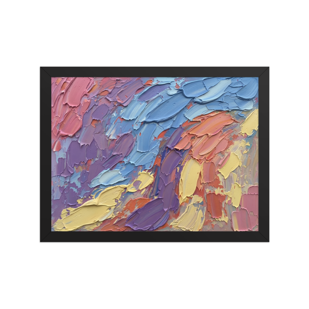 'Vibrant Palette Dance' — a Abstract expressionism print. An abstract oil painting featuring thick, sweeping palette knife strokes in joyful pinks, blues, yellows, and purples, suitable for a living room or office.