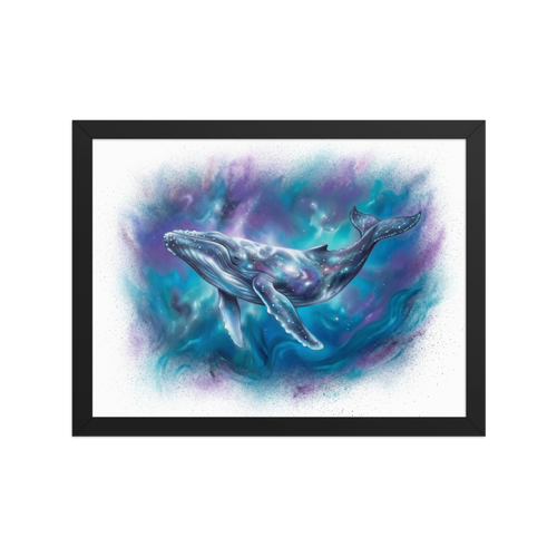 'Cosmic Voyager' — a Fantastic realism print. A magnificent whale swimming through a colorful, starry nebula, bringing deep space mystery to a Bedroom.
