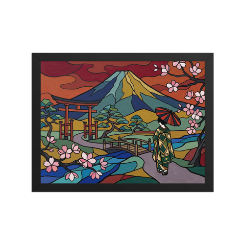 'Spring at Mount Fuji' — a Cloisonnism print. A colorful Cloisonnism painting of a woman walking toward Mount Fuji under cherry blossoms, perfect for adding energy to a living room.