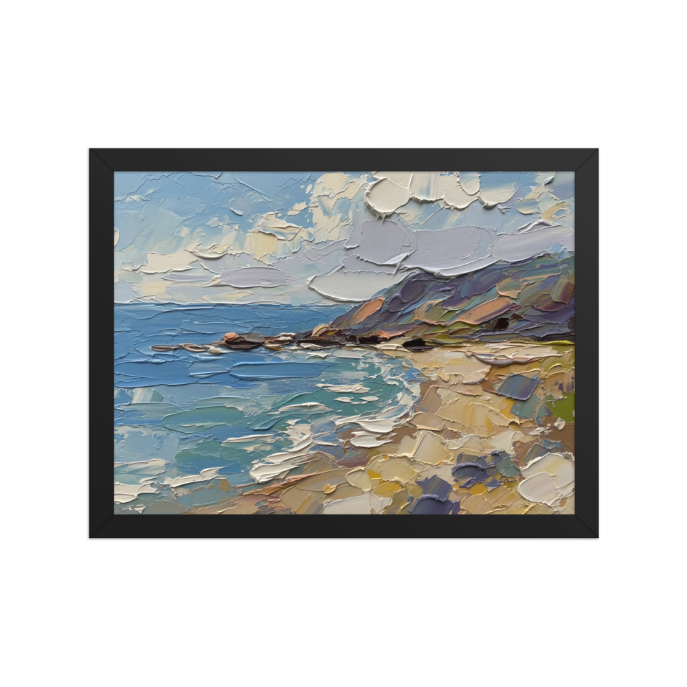 'Impasto Coastline' — a Impressionism print. A heavily textured impasto landscape painting of blue ocean waves crashing against a sandy beach and a rugged cliff under a cloudy sky, great for a living room.