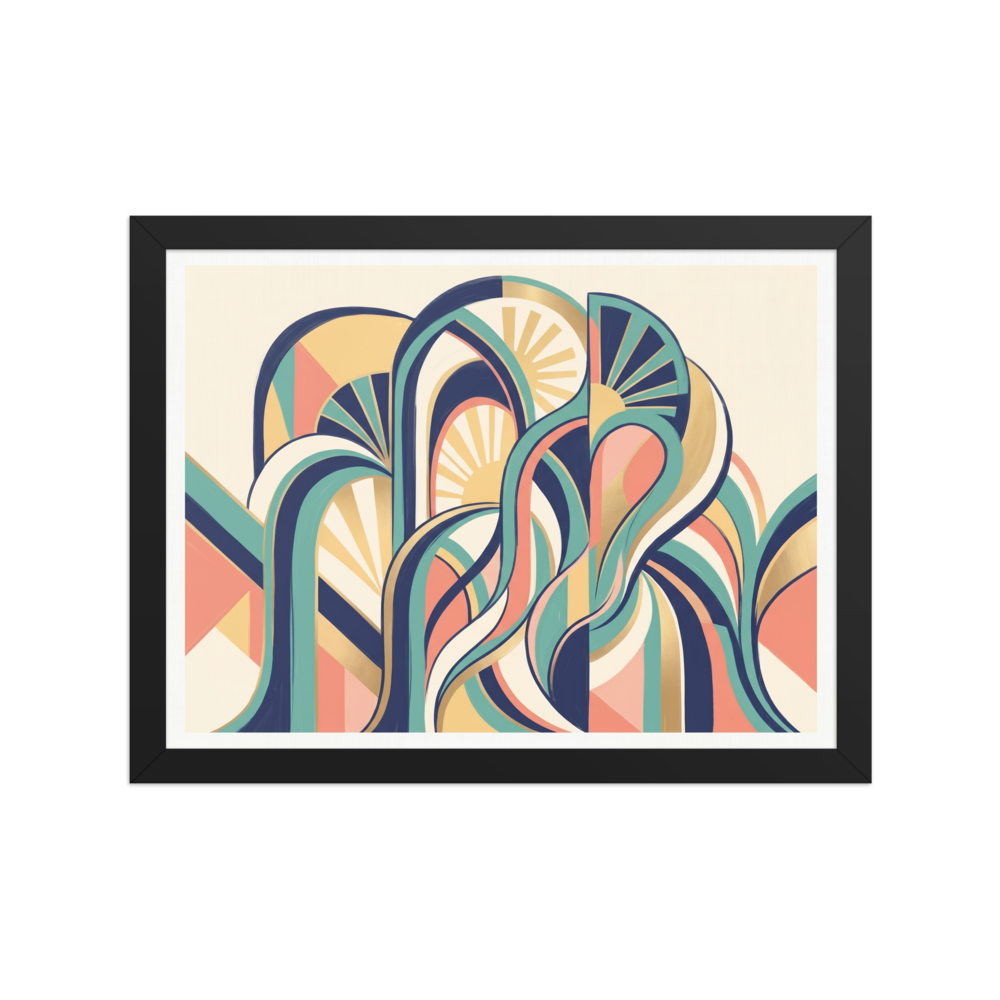 'Dynamic Deco Arches' — a Art Deco print. An abstract Art Deco illustration with swirling geometric ribbons, arches, and sunbursts in navy, teal, and coral, perfect for a lively living room.