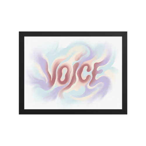 'Echoes of Voice' — a Pop art,Abstract art print. The word "VOICE" written in soft, wavy pastel lettering surrounded by dreamy smoke-like swirls, perfect for an inspiring home office or studio.