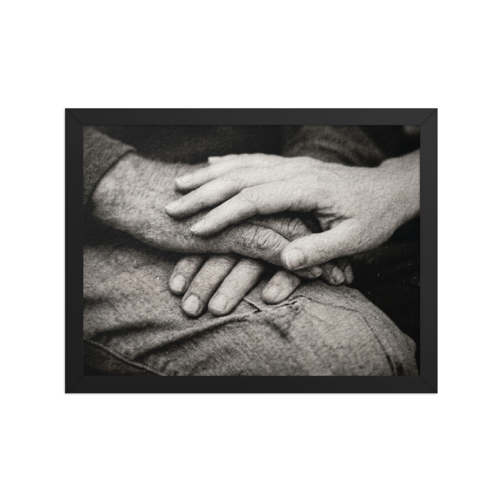 'A Lasting Touch' — a Art photography print. A black and white close up photograph of two older hands gently intertwined on a person's lap, perfect for adding warmth to a bedroom.