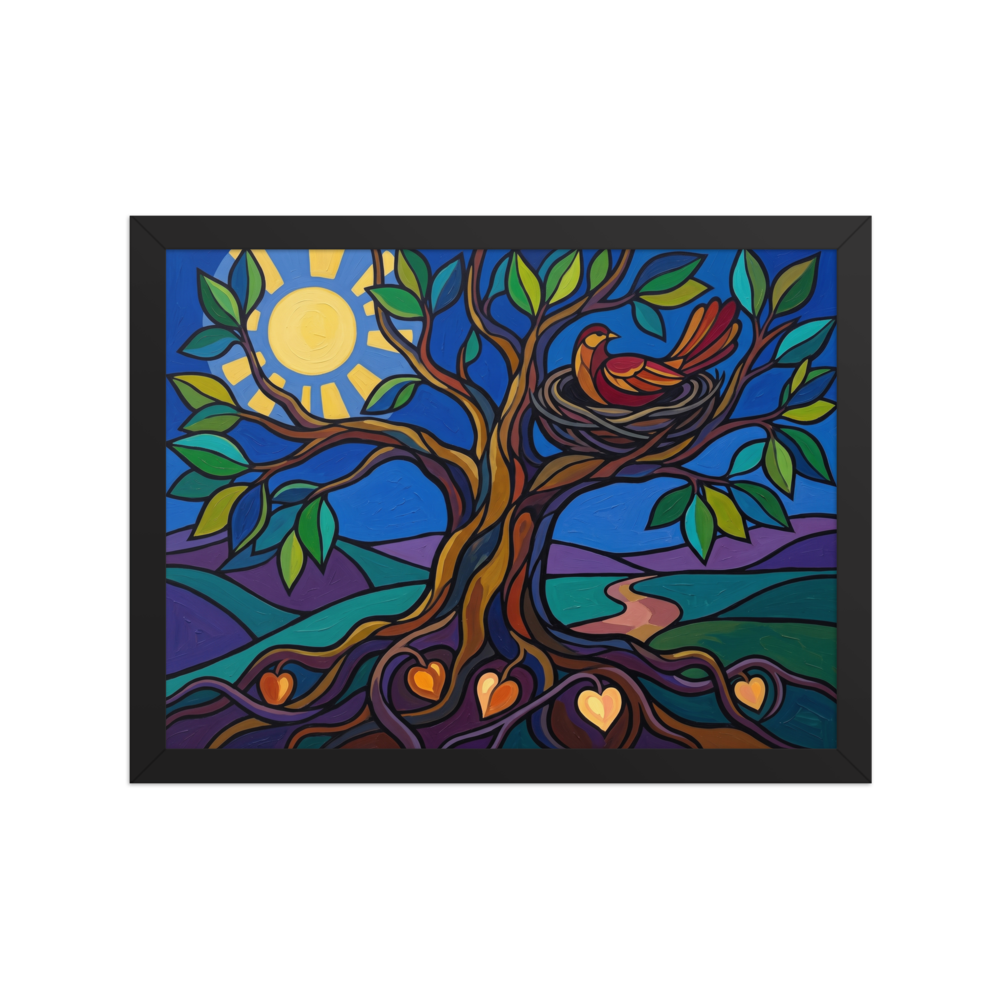 'The Tree of Nurture' — a Cloisonnism print. A bright Cloisonnism style painting of a tree with a bird nest and heart-shaped roots under a large sun, perfect for a cozy nursery.