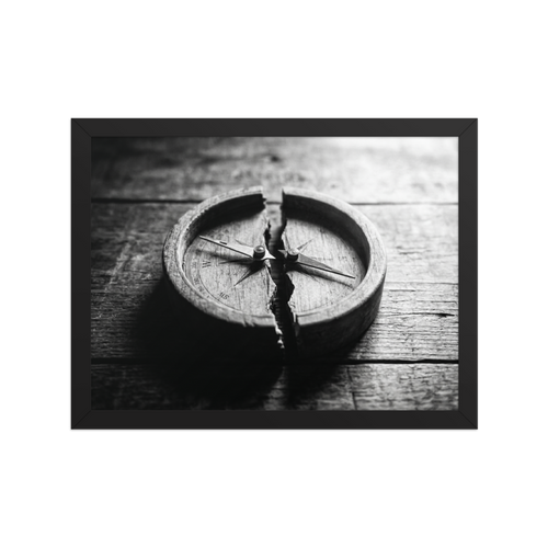 'Lost Direction' — a Art photography print. Dramatic black and white photograph of an antique wooden compass cracked entirely in half on a textured table, ideal for an office or library.