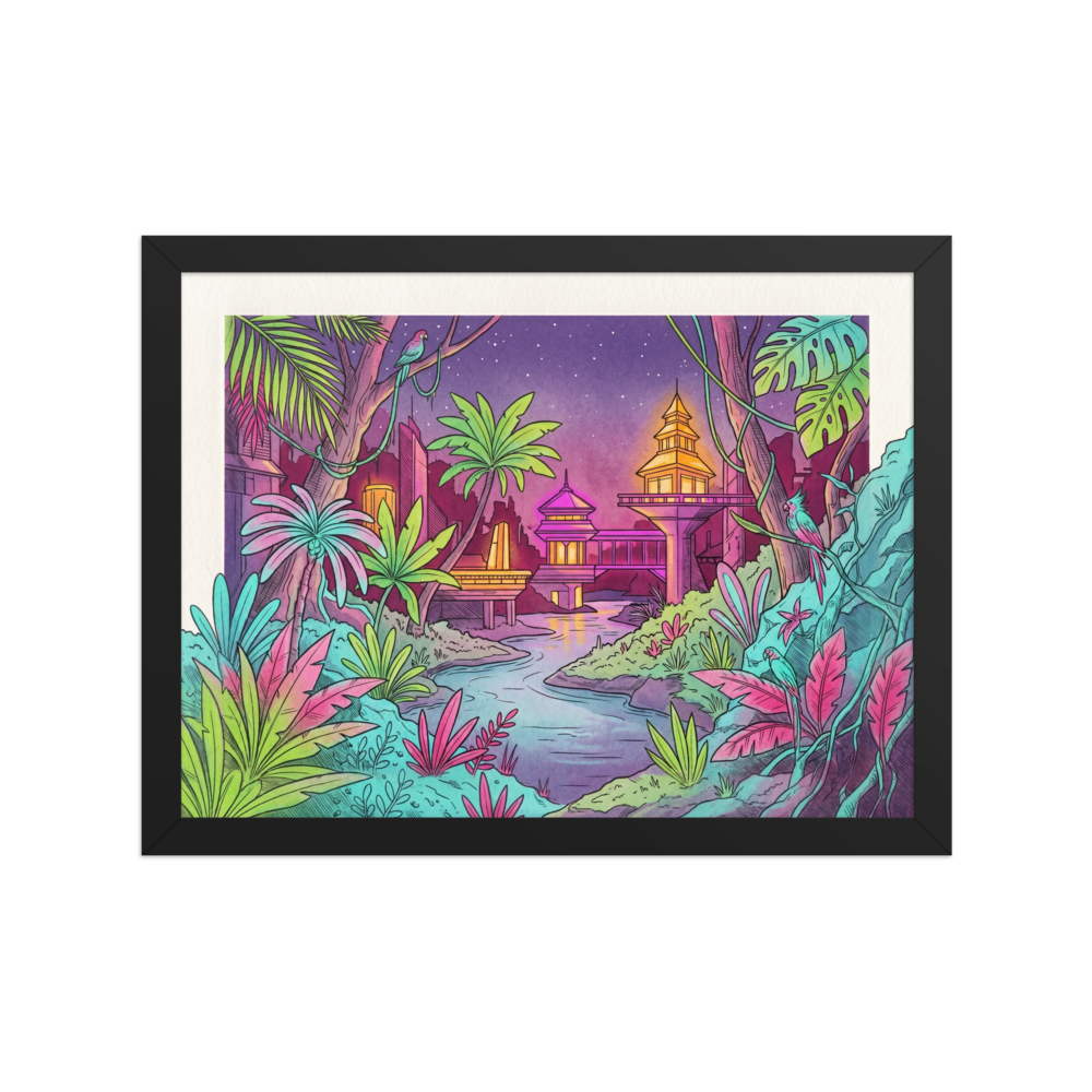 'Neon Nights in the Jungle' — a Retrofuturism,Psychedelic art print. A vibrant, neon-colored illustration of a futuristic jungle city with glowing pagodas, tropical plants, and a starry night sky.