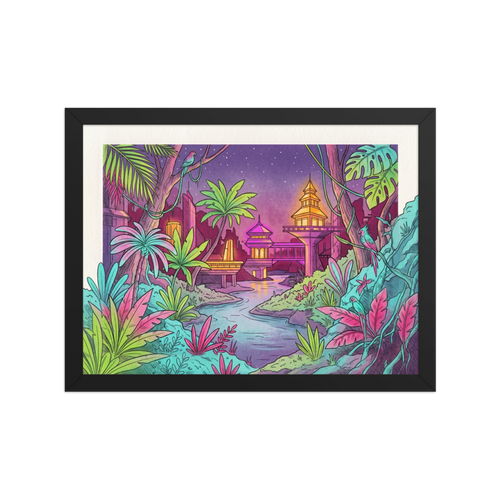 'Neon Nights in the Jungle' — a Retrofuturism,Psychedelic art print. A vibrant, neon-colored illustration of a futuristic jungle city with glowing pagodas, tropical plants, and a starry night sky.