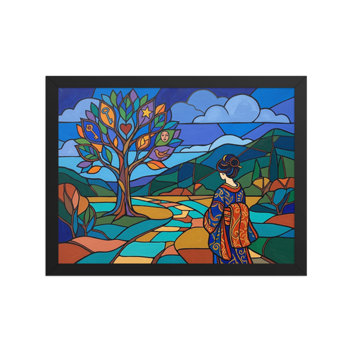 'Kimono in the Valley' — a Cloisonnism,Post-Impressionism print. A colorful Cloisonnism style painting of a woman in a kimono looking at a magical tree with symbols in a stained glass landscape, ideal for a bedroom.