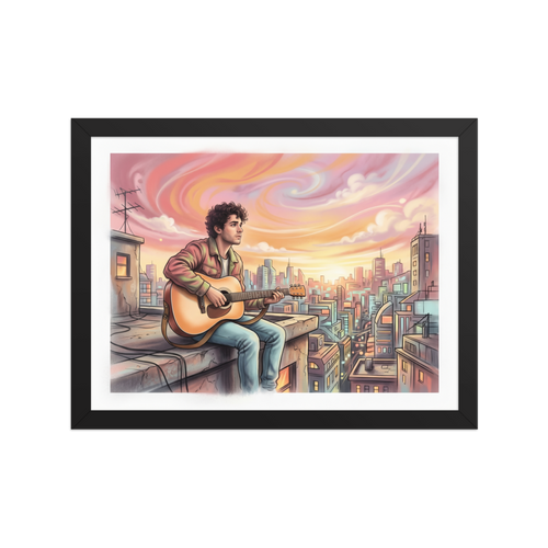 'Rooftop Rhythms' — a American Scene Painting print. An airbrush illustration of a young man playing guitar on a city rooftop at sunset, adding a creative vibe to an office.
