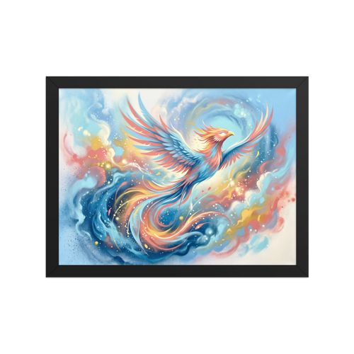 'Phoenix Rising' — a Surrealism print. A vibrant airbrush painting of a majestic phoenix soaring through colorful clouds, adding energy to a living room.