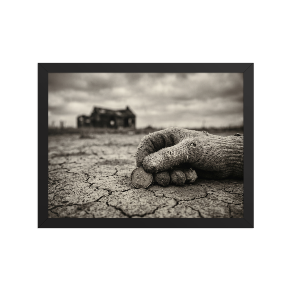 'The Last Coin' — a American realism print. A sepia-toned photograph of a worn, gloved hand holding a coin on cracked earth, with an abandoned house in the background, suitable for a rustic Office or Living Room.