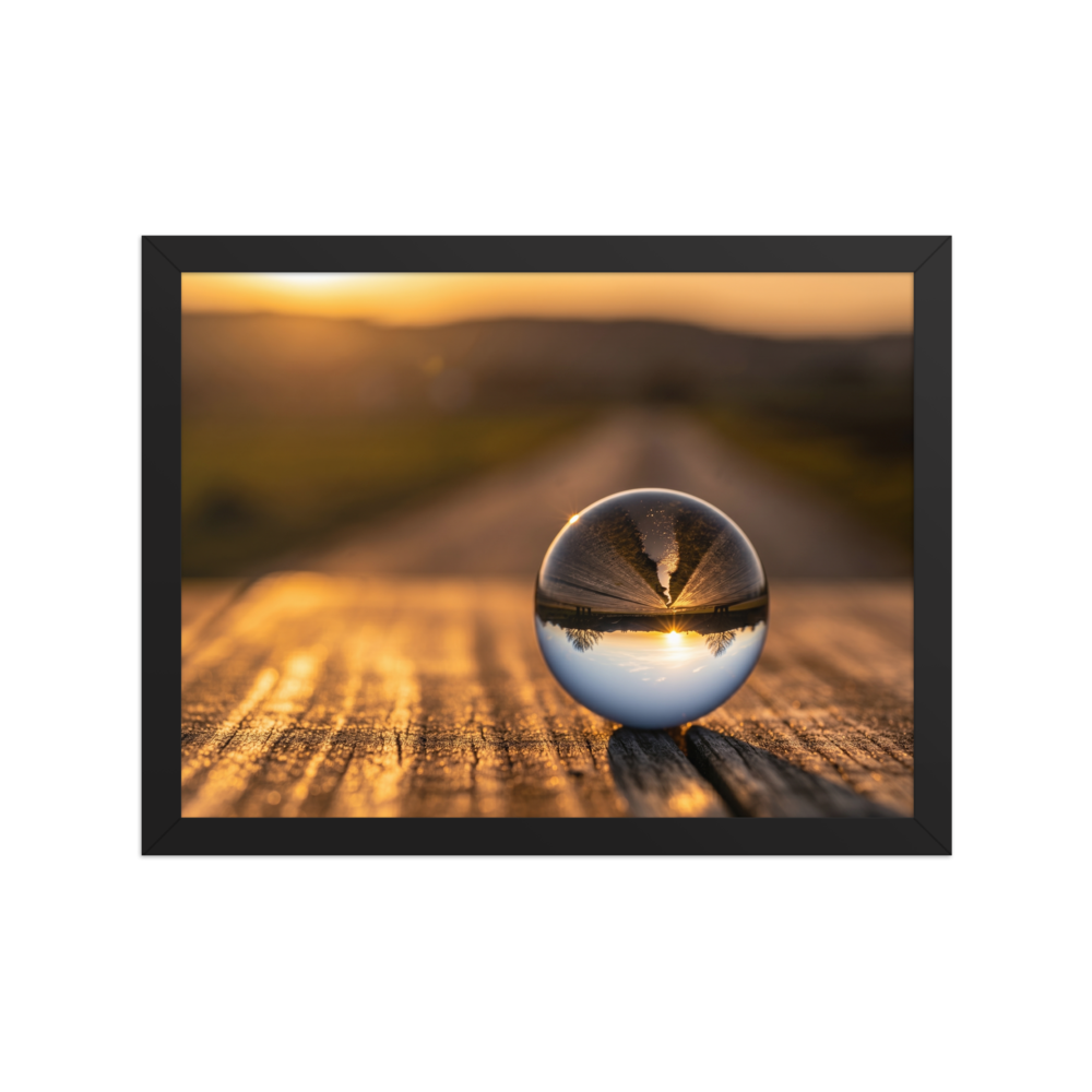 'Inverted Sunset' — a Surrealism print. A glass sphere resting on wood, refracting an upside-down golden sunset landscape.