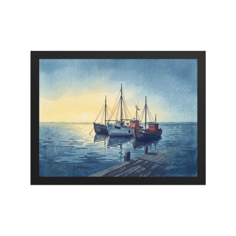 'Harbor Rest' — a Impressionism print. A tranquil harbor scene with fishing boats docked by a wooden pier under a soft sky, perfect for a Den / Snug.