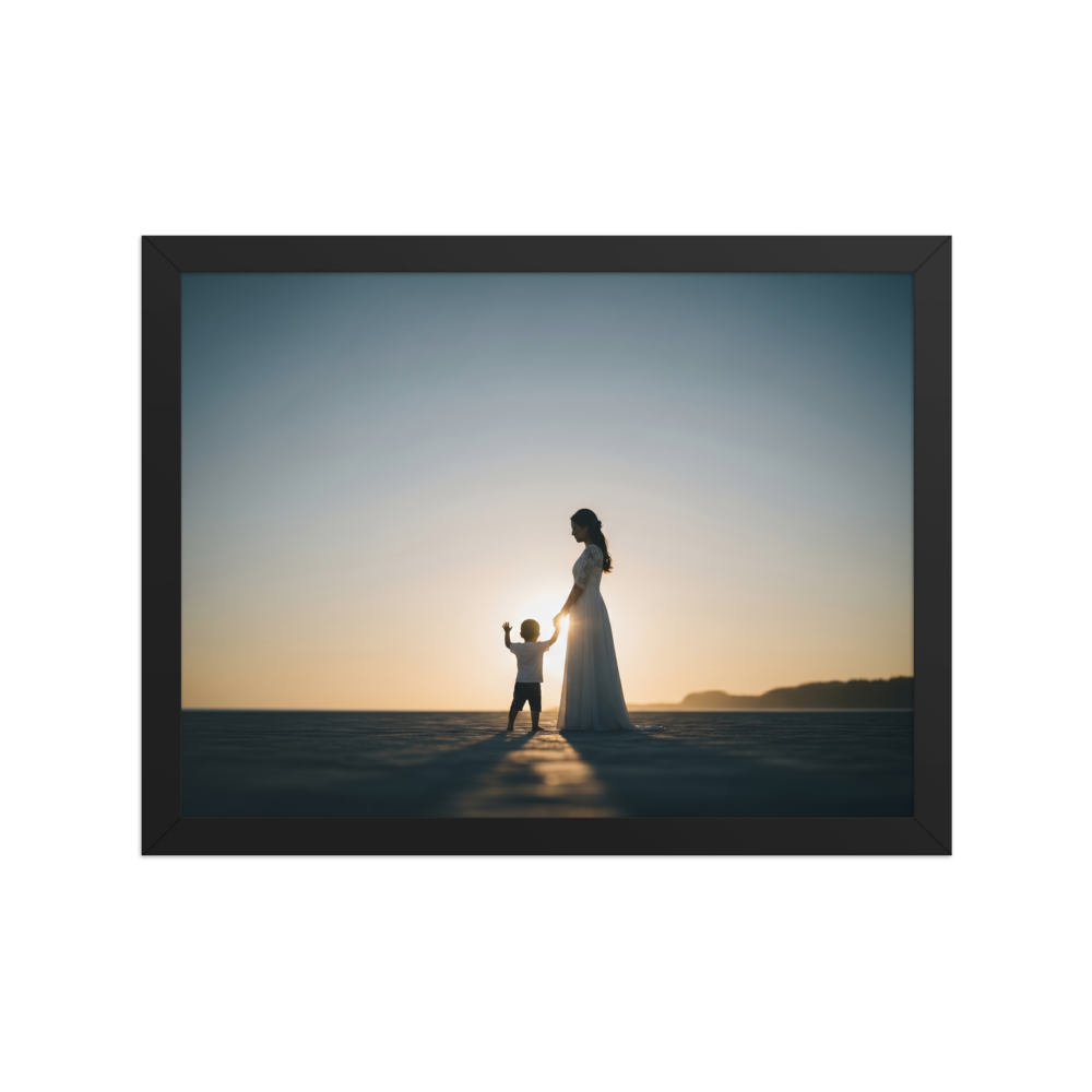 'Sunset Bond' — a Art photography print. A warm sunset silhouette of a mother in a long dress holding her child's hand on a wide beach, a beautiful and emotional piece for a cozy Bedroom.