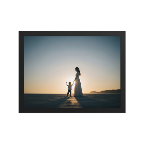 'Sunset Bond' — a Art photography print. A warm sunset silhouette of a mother in a long dress holding her child's hand on a wide beach, a beautiful and emotional piece for a cozy Bedroom.