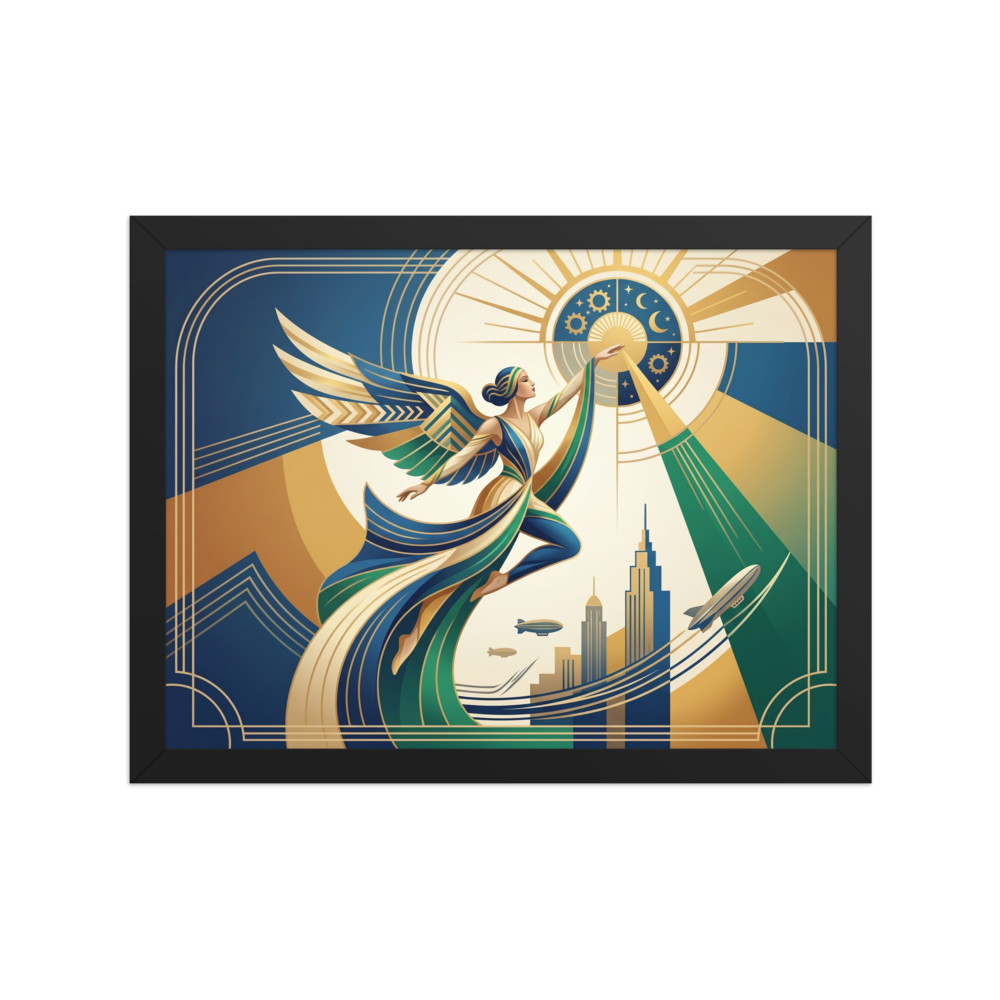 'Celestial Flight' — a Art Deco print. A modern Art Deco woman with wings reaching toward a stylized sun against a city skyline, perfect for a chic Office.