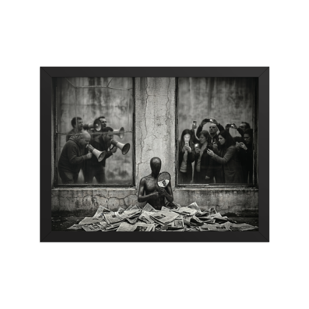 'The Spectacle' — a Surrealism print. A surreal black and white photograph of a faceless figure holding a cracked mirror amidst newspapers, surrounded by people shouting through megaphones and recording with phones, perfect for an Office.