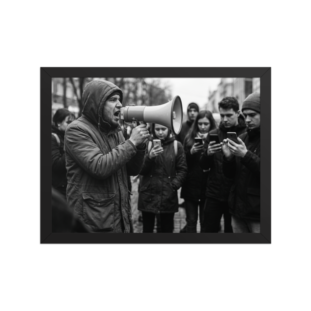'Deafening Silence' — a Art photography print. Black and white photograph of a man shouting into a megaphone while the surrounding crowd ignores him to look at their smartphones, fitting for an office or den.