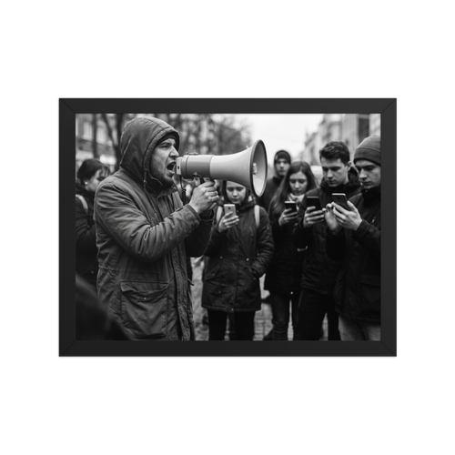 'Deafening Silence' — a Art photography print. Black and white photograph of a man shouting into a megaphone while the surrounding crowd ignores him to look at their smartphones, fitting for an office or den.