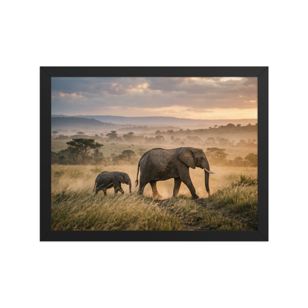 'Savannah Stroll' — a Art photography print. A photograph of a mother elephant and her calf walking through a sunlit, dusty savannah, a perfect nature piece for an Office.